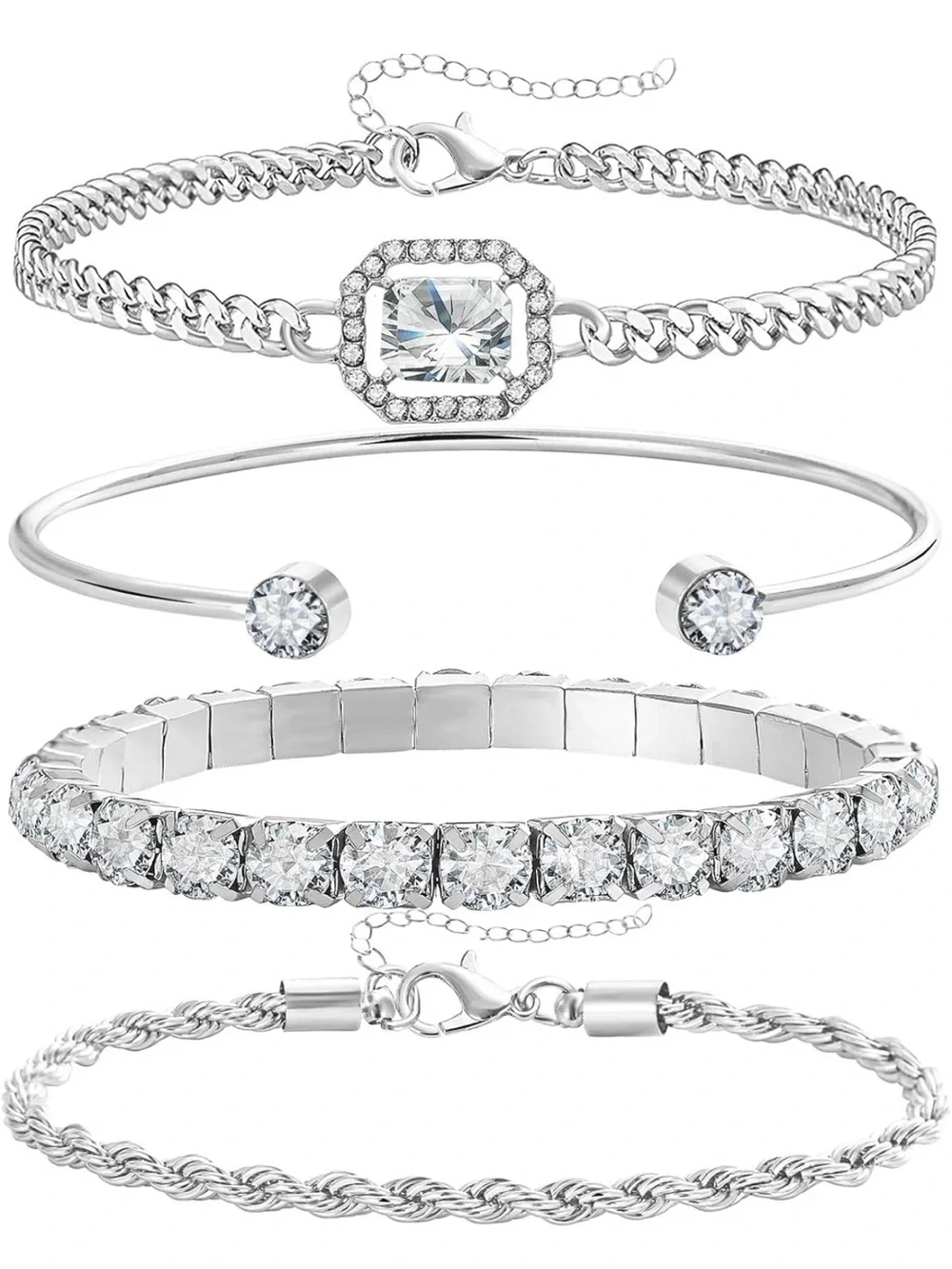 Anthropologie Silver Crystal Chain Bracelet Set